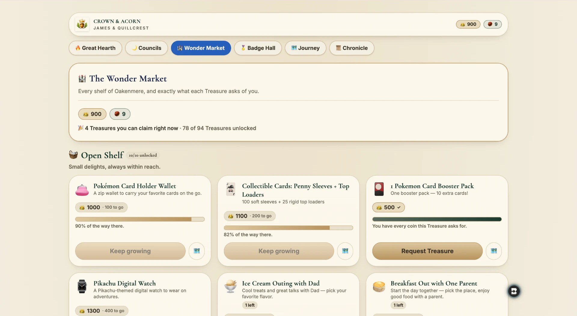 The Wonder Market showing treasures a child can save toward and claim
